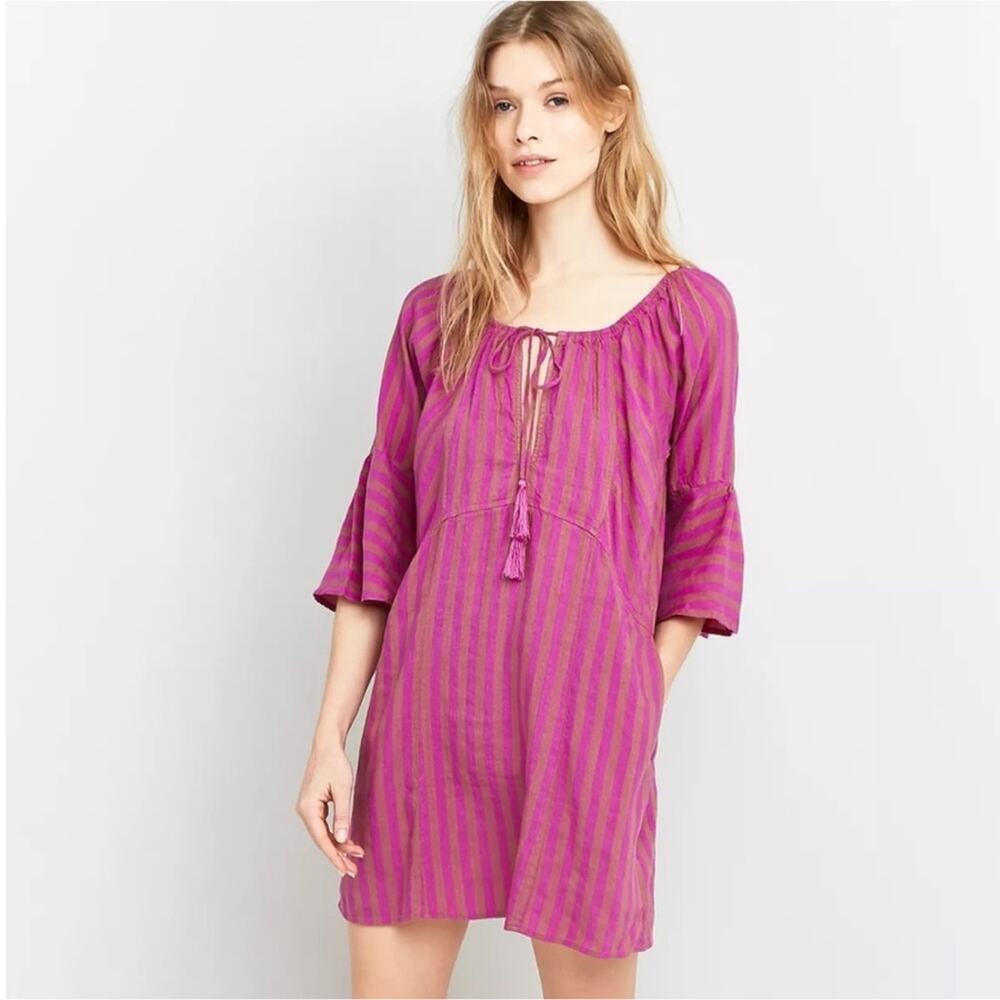 Free People Folk Town Linen Blend Purple & Tan Striped Mini Dress Size S